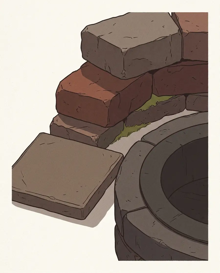 An illustration of a course of retaining-wall block, one paver stone and a curved fragment of a stone fire-pit ring, arranged together and lit from one side to show the texture of the stone.