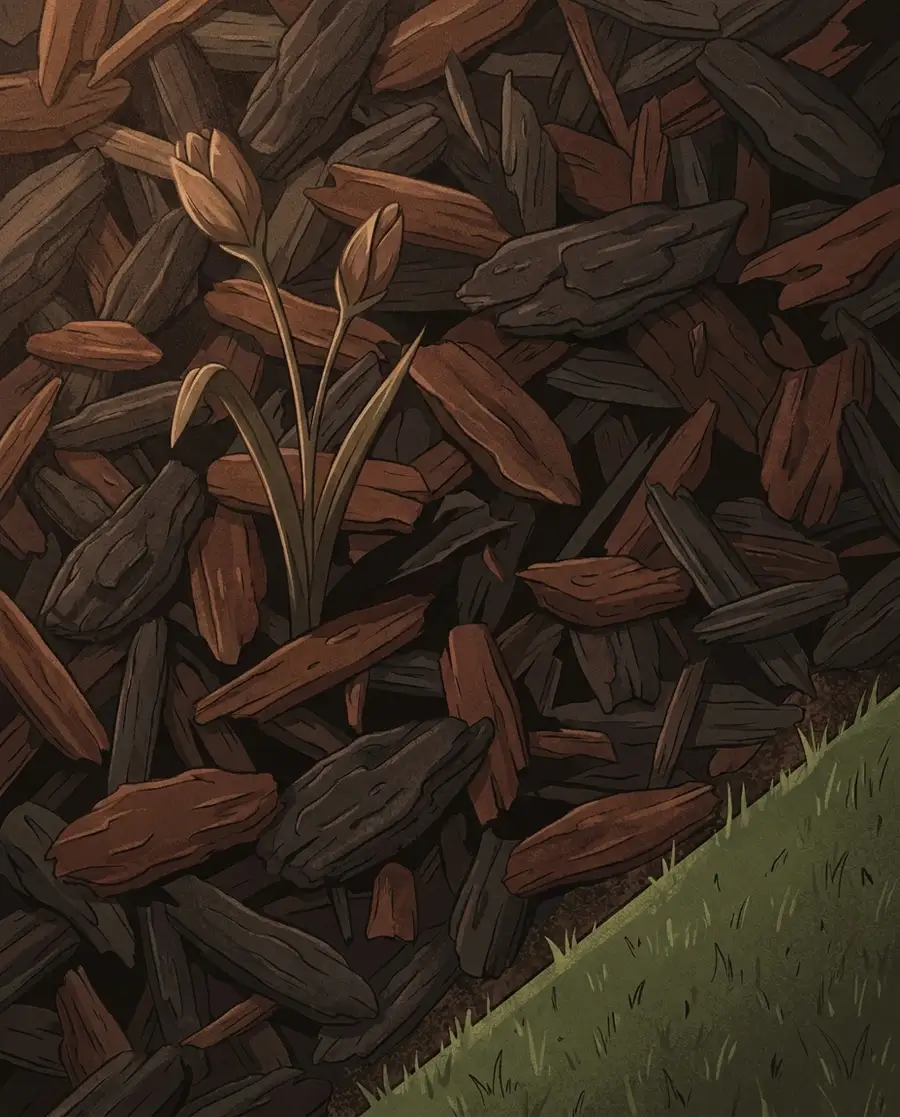 An illustration of a mown turf edge beside a small mulch bed holding one plant stem with two flower buds, in close crop with no structure or property visible.